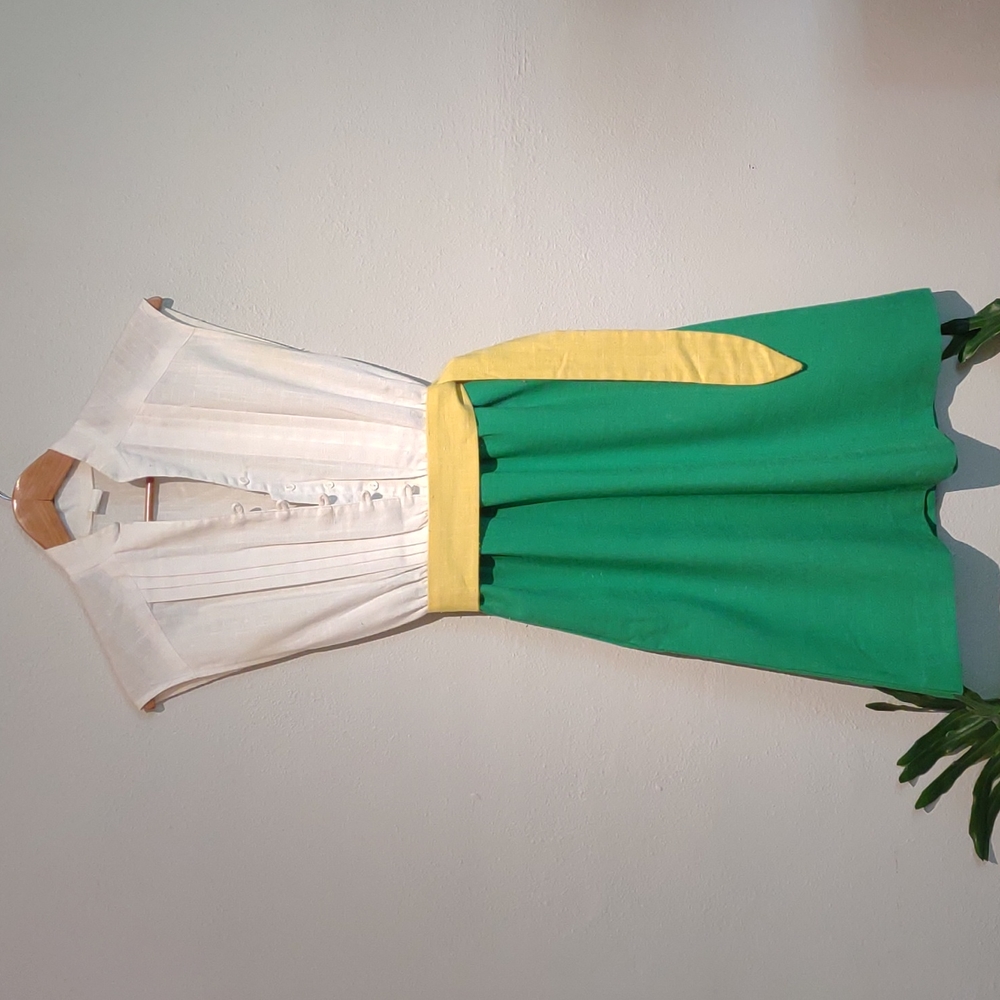Vintage Linen Green White Yellow Midi Dress pocket